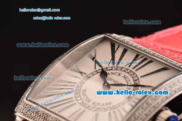 Franck Muller Master Square Swiss Quartz Steel Case Diamond Bezel with Pink Leather Strap and White Dial - Click Image to Close